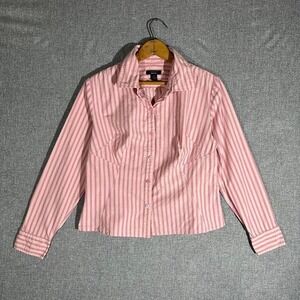 Pink and‎ white striped tailored button up blouse with long sleeves and collar